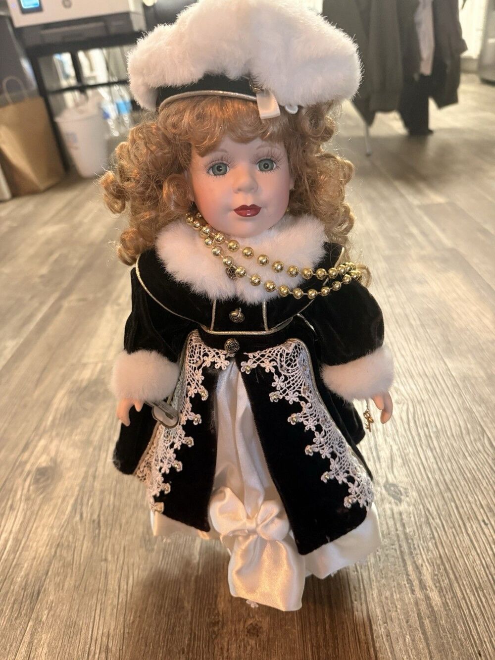 1997 Brass Key Porcelain Doll Blonde Curly Hair Black Velvet Outfit Hat Boots